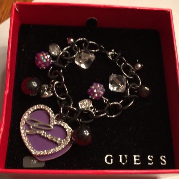 NIB Guess Blk-Slvr Metal Purple Heart Bracelet - Picture 1 of 4